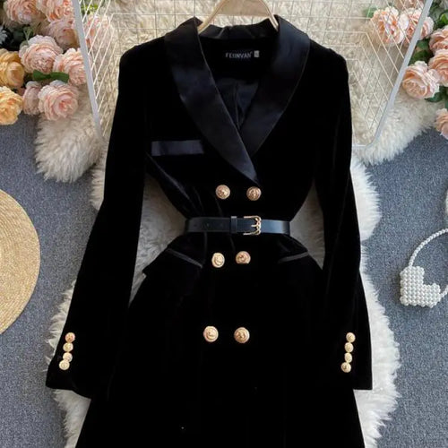 Load image into Gallery viewer, Women Black Velvet Work Style Blazer Short Dresses Autumn Winter Double Breasted Slim Long Sleeve Mini Dress Ladies Street Trend
