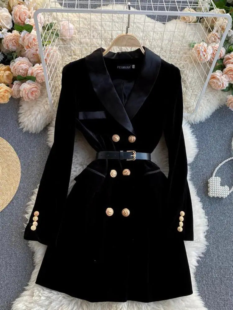 Women Black Velvet Work Style Blazer Short Dresses Autumn Winter Double Breasted Slim Long Sleeve Mini Dress Ladies Street Trend