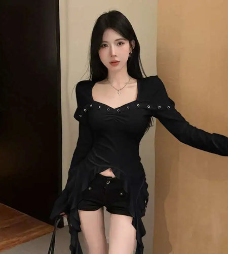 Women's Clothing Sexy White Tshirts Y2k Tops Flare Sleeve Square Collar Tunic Tees Irregular Fashion T-shirt Korean Camisetas