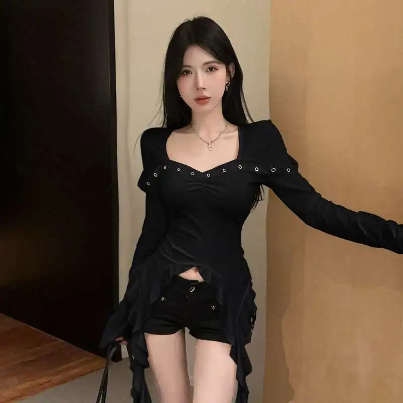 Women's Clothing Sexy White Tshirts Y2k Tops Flare Sleeve Square Collar Tunic Tees Irregular Fashion T-shirt Korean Camisetas