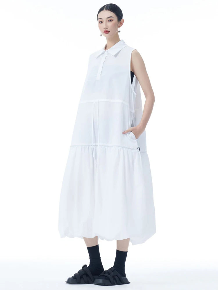 Women Black Brief Pleated Big Size Midi Bud Shirt Dress New Lapel Sleeveless Fashion Tide Spring Autumn 2025 1DJ0955