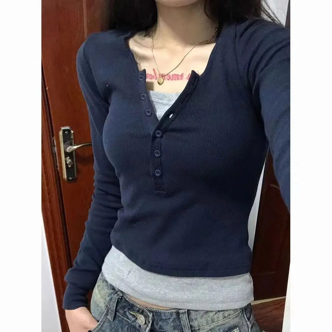 Y2k Aesthetic Casual Fake Two Piece T-shirt Womens Harajuku Patchwork Vintage Top Streetwear Grunge Single Breasted Shirts Femme