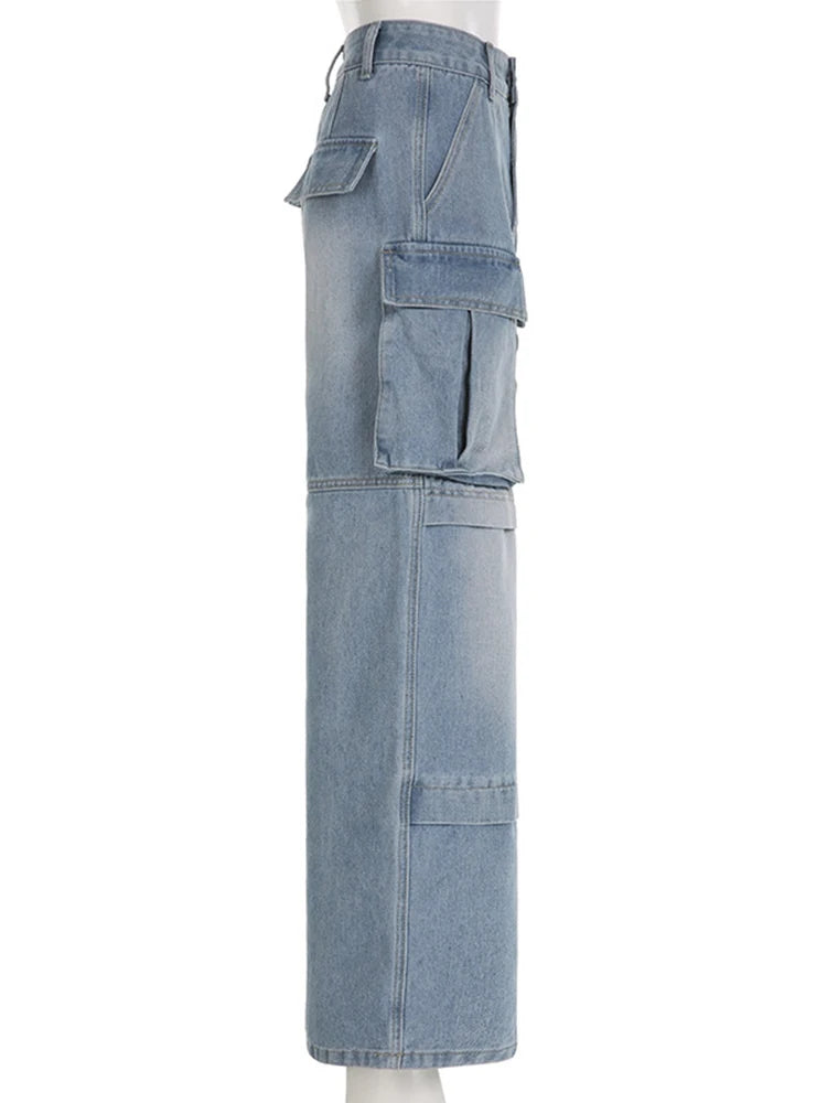 Solid Spliced Button Jeans For Women High Waist Patchwork Pockets Casual High Street Wide Leg Jean Female Clothing