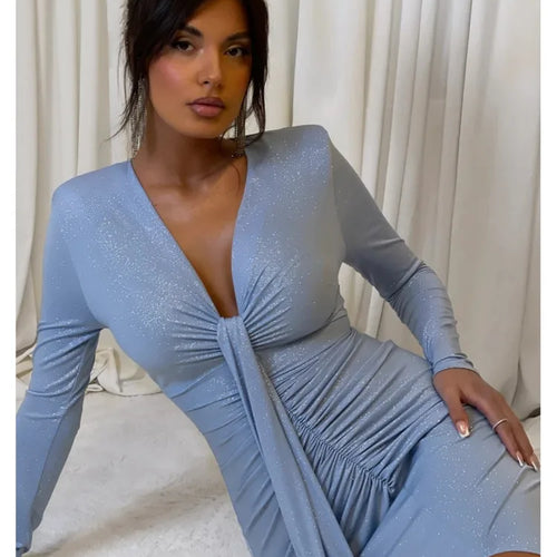 Load image into Gallery viewer, Elegant Long Sleeved Lace Up Pleated Evening Dress For Women Vneck Bodycon Elastic Maxi Dress Female Party Club Vestidos
