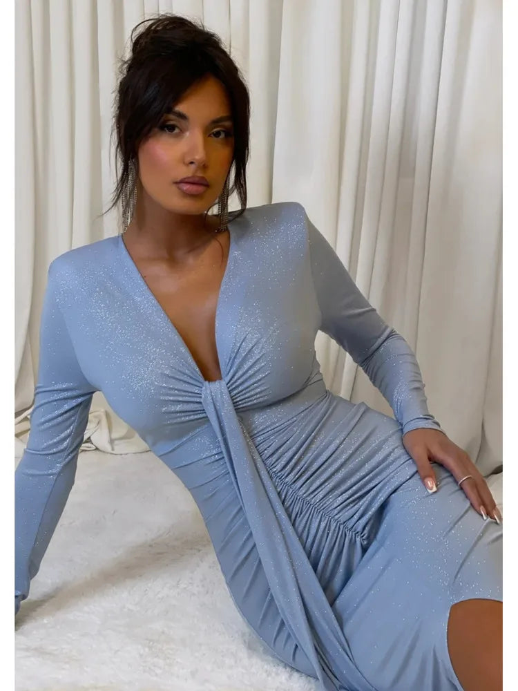 Elegant Long Sleeved Lace Up Pleated Evening Dress For Women Vneck Bodycon Elastic Maxi Dress Female Party Club Vestidos