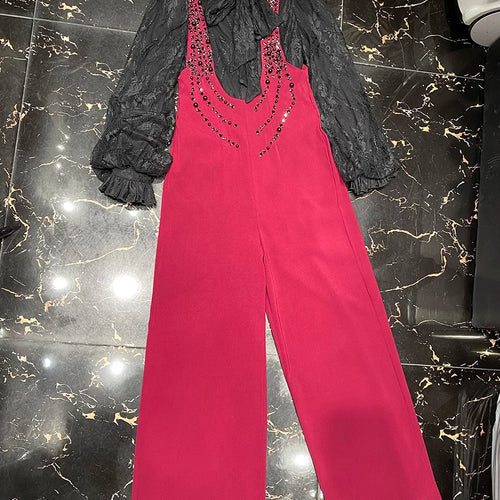 Load image into Gallery viewer, Temperament Two Piece Sets for Women Stand Neck Long Sleeves Spliced Lace Blouse Patchwork Bead Rompers Set Female
