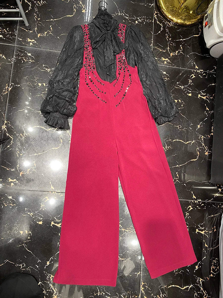 Temperament Two Piece Sets for Women Stand Neck Long Sleeves Spliced Lace Blouse Patchwork Bead Rompers Set Female