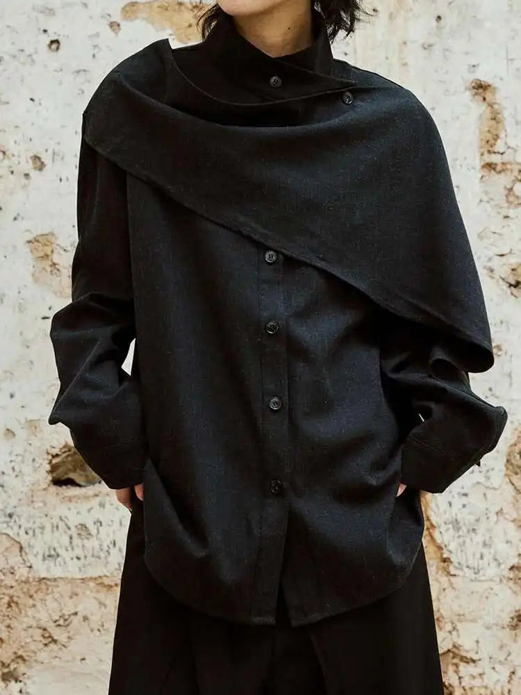 Women Khaki With Scarf Big Size Elegant Blouse New Stand Collar Long Sleeve Shirt Fashion Tide Spring Autumn 2025 1DH6989