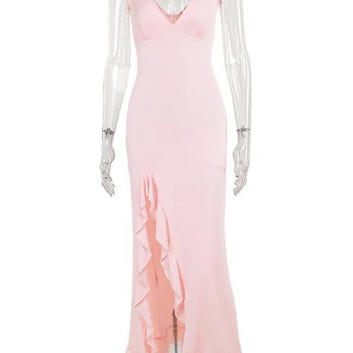 Load image into Gallery viewer, Elegant Sleeveless Ruffles Sexy Long Dress For Women Summer New Deep V Neck Backless Thigh High Split Maxi Dress
