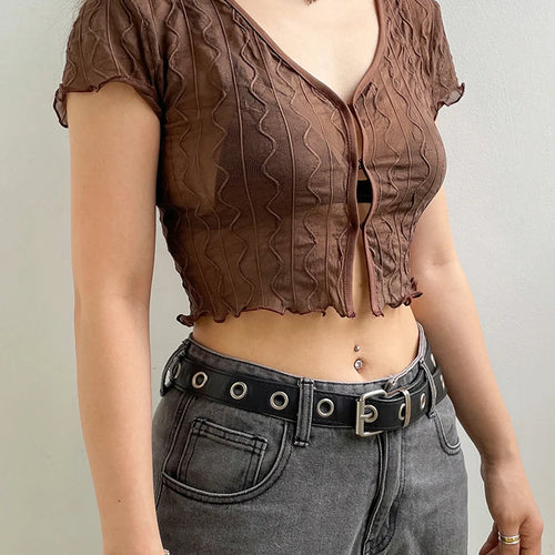 Load image into Gallery viewer, Y2K Vintage Fashion Brown Crop Top Sexy Skinny Summer T-shirts Women See Through Frill 90s Aesthetic Cute Preppy Tees
