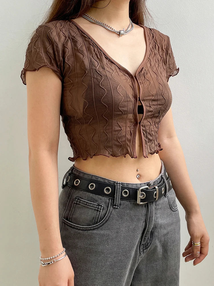 Y2K Vintage Fashion Brown Crop Top Sexy Skinny Summer T-shirts Women See Through Frill 90s Aesthetic Cute Preppy Tees