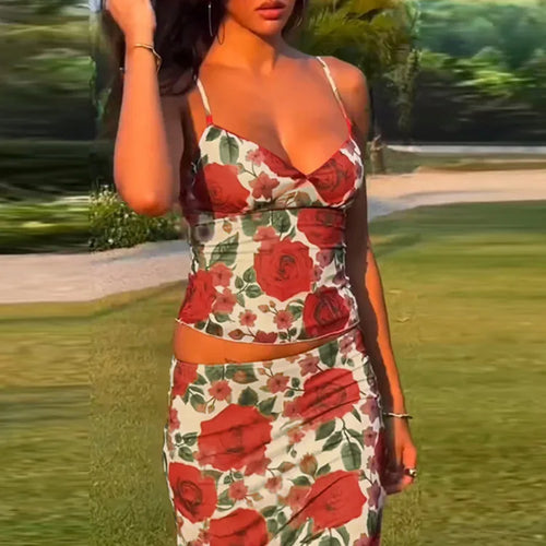 Load image into Gallery viewer, Floral Print Sexy Skirt Two Piece Sets Women Fashion Sleeveless Crop Tops And Long Skirt Femme Printed Two Piece Sets
