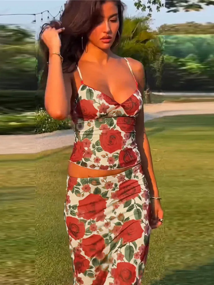 Floral Print Sexy Skirt Two Piece Sets Women Fashion Sleeveless Crop Tops And Long Skirt Femme Printed Two Piece Sets