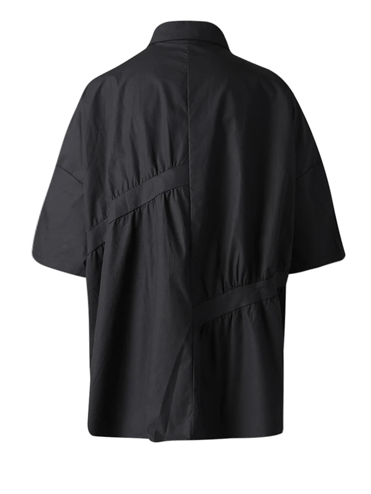 Women Black Irregular Pleated Big Size Casual Blouse New Lapel Short Sleeve Shirt Fashion Tide Spring Summer 2025 CPG3167