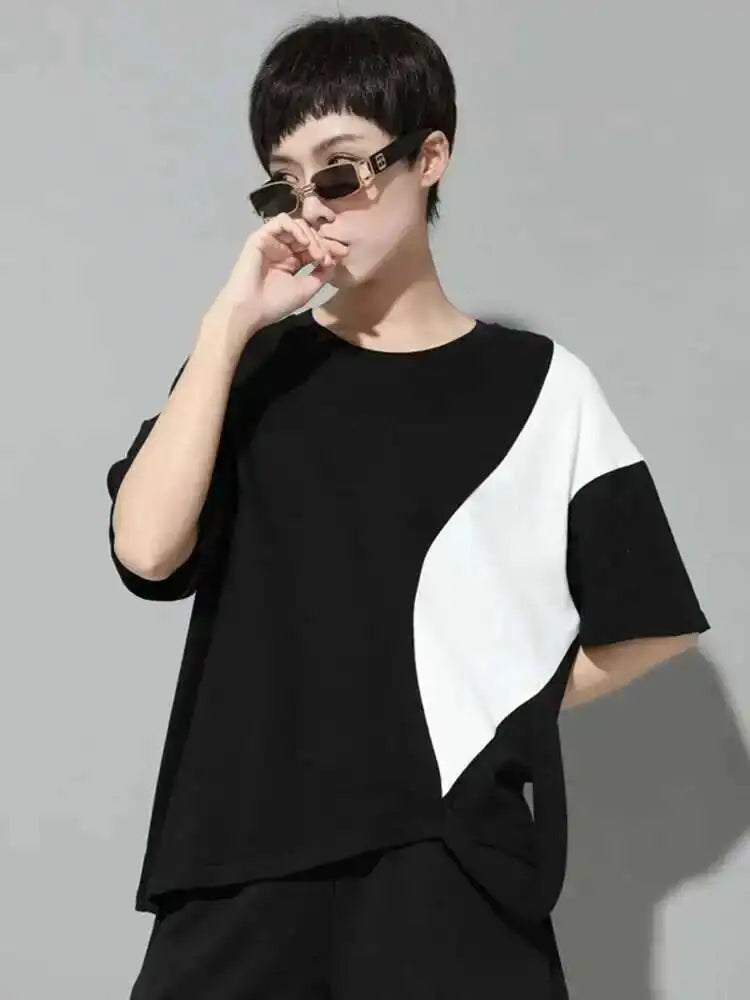 Women White Color-block Irregular Big Size T-shirt New Round Neck Half Sleeve Fashion Tide Spring Summer 2025 1DE8661