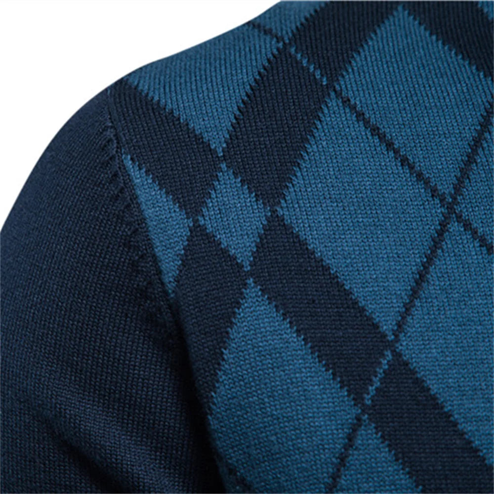Argyle Men Sweaters Cotton Mock Neck Zipper Patchwork Pullover Men Winter High Quality Fashion Warm Sweaters for Men