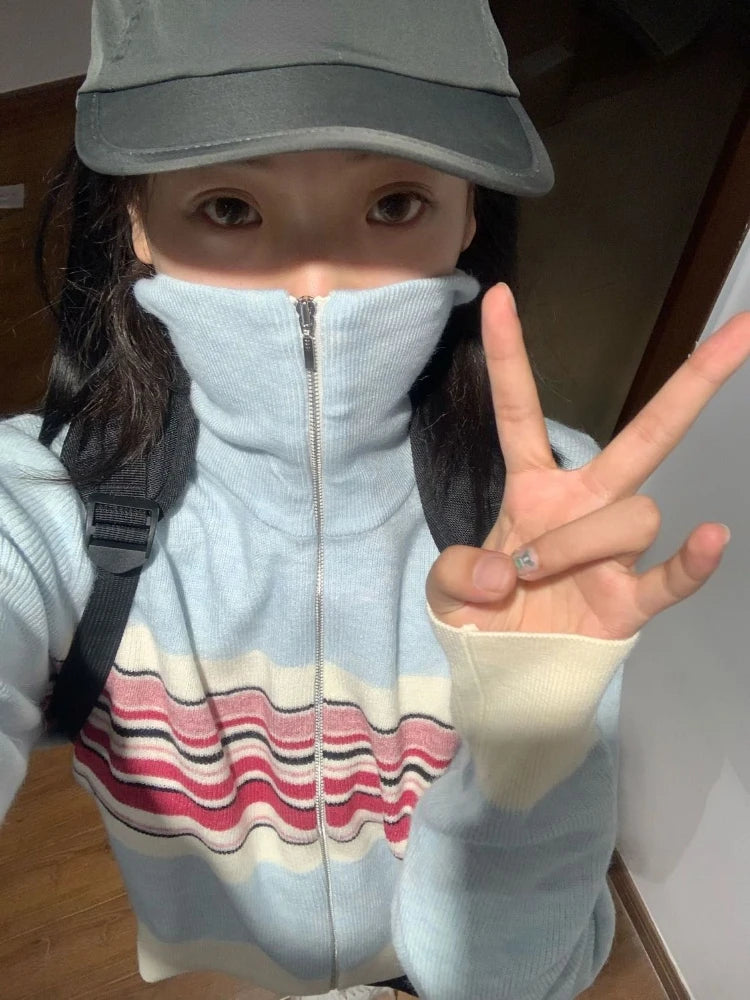 Vintage Ins Fashion Striped Cardigan Women Autumn Thin Casual Slim Knit Sweater Coat Y2k Aesthetic Grunge Kardigan Cute