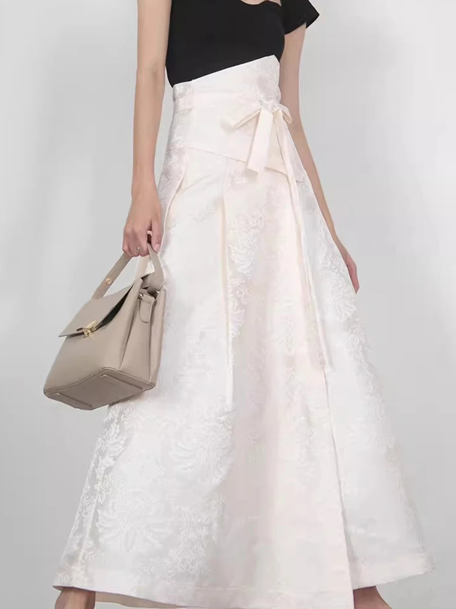 Solid Spliced Lace Up Loose Casual Skirts For Women High Waist Temperament Minimalist Skirts Female Fashion Style