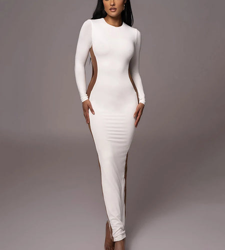 Autumn/Winter Long Sleeve Hollow Out Split Dress For Women Bodycon Elastic Tight Maxi Dress Female Party Club Vestidos