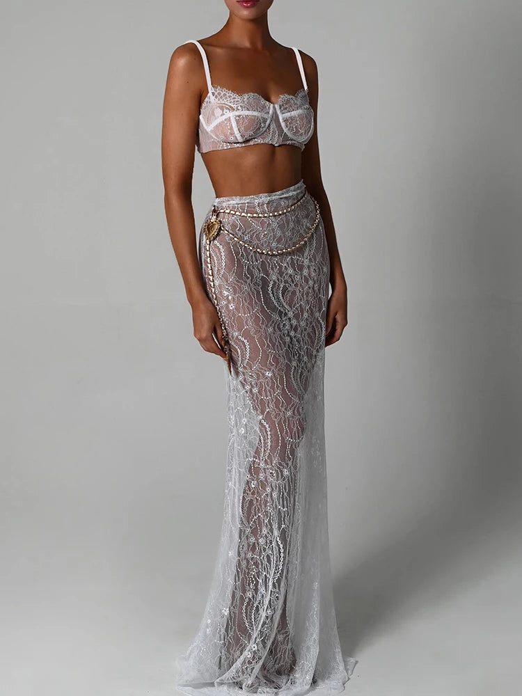 Sexy Lace Metal Zipper Two Piece Women's Tight Fit Bikini Top Elegant And Transparent Maxi Female Skirt Beach Party Suit