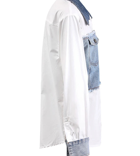 Women White Denim Color-block Big Size Elegant Blouse New Lapel Long Sleeve Shirt Fashion Tide Spring Autumn 2025 CPDB122