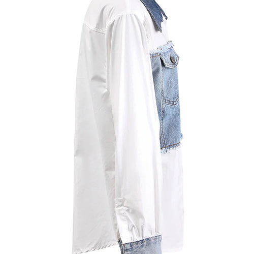 Load image into Gallery viewer, Women White Denim Color-block Big Size Elegant Blouse New Lapel Long Sleeve Shirt Fashion Tide Spring Autumn 2025 CPDB122
