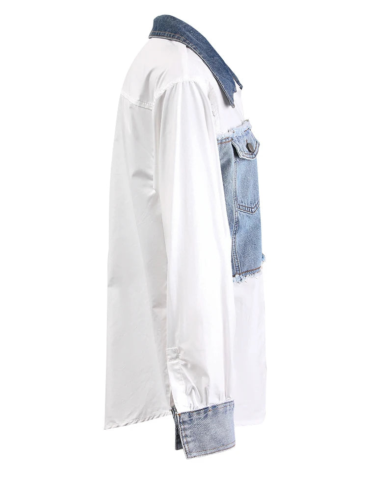 Women White Denim Color-block Big Size Elegant Blouse New Lapel Long Sleeve Shirt Fashion Tide Spring Autumn 2025 CPDB122