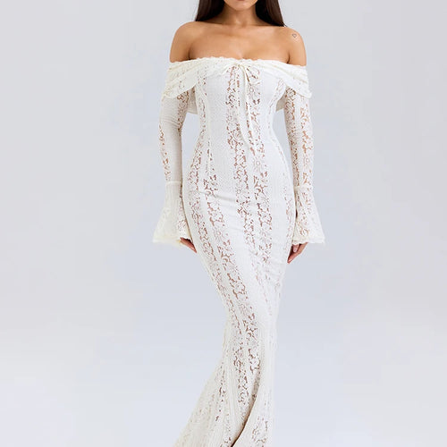 Load image into Gallery viewer, Floral Lace Off-shoulder Maxi Dress For Women White Strapless Backless Long Sleeve Bodycon Club Party Sexy Long Dress
