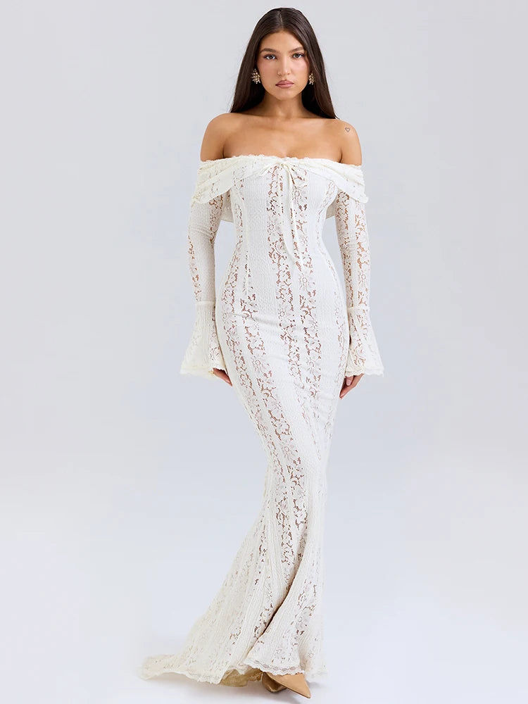 Floral Lace Off-shoulder Maxi Dress For Women White Strapless Backless Long Sleeve Bodycon Club Party Sexy Long Dress