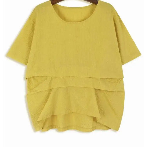 Load image into Gallery viewer, Women Yellow Irregular Pleated Big Size Casual T-shirt New Round Neck Short Sleeve Fashion Tide Spring Summer 2025 1DH5679
