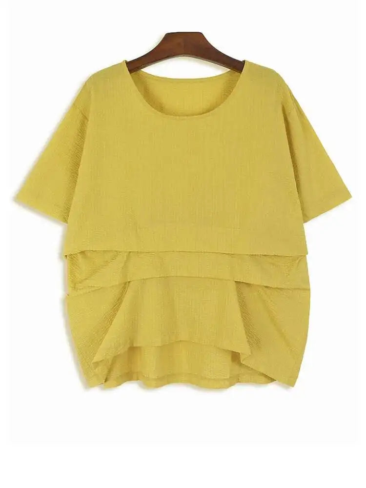 Women Yellow Irregular Pleated Big Size Casual T-shirt New Round Neck Short Sleeve Fashion Tide Spring Summer 2025 1DH5679
