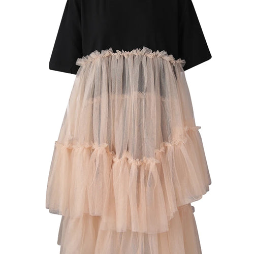 Load image into Gallery viewer, Women Black Mesh Color-block Big Size Knee-Length Dress New Round Neck Short Sleeve Fashion Spring Summer 2025 CPG3040
