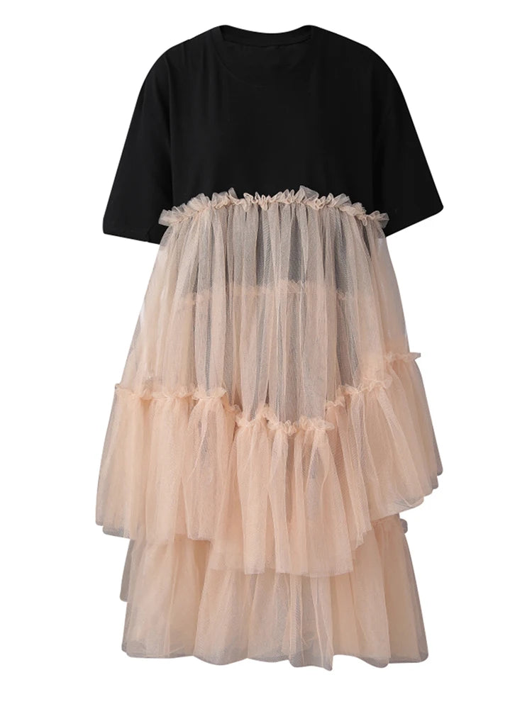 Women Black Mesh Color-block Big Size Knee-Length Dress New Round Neck Short Sleeve Fashion Spring Summer 2025 CPG3040