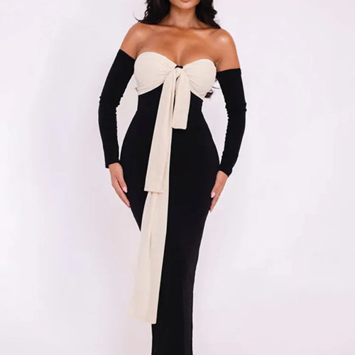 Load image into Gallery viewer, Patchwork Off-shoulder Sexy Maxi Dress For Women Gown Contrast Color Strapless Long Sleeve Bodycon Sexy Long Dress
