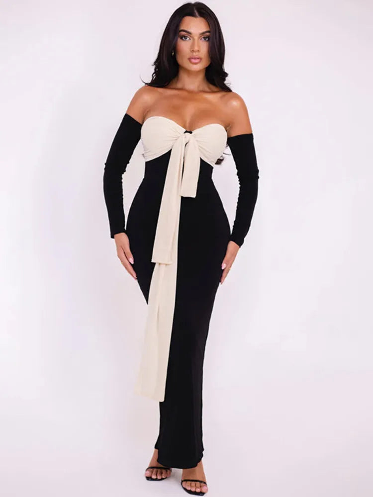Patchwork Off-shoulder Sexy Maxi Dress For Women Gown Contrast Color Strapless Long Sleeve Bodycon Sexy Long Dress