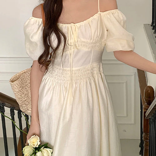 Load image into Gallery viewer, Summer Strapless Puff Sleeve Slash Neck Women Dresses Chic Lace-up Slim Waist Solid Color Casual Fashion Female Dress
