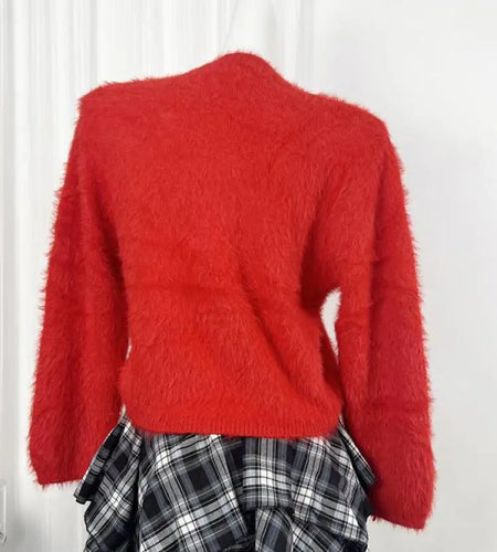 Autumn Winter Sweet Red Mink Strawberry Print Knitted Sweater Women Vintage Round Neck Vacation Long Sleeves Soft Pullover Tops