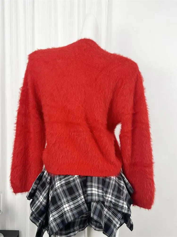 Autumn Winter Sweet Red Mink Strawberry Print Knitted Sweater Women Vintage Round Neck Vacation Long Sleeves Soft Pullover Tops