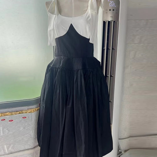 Load image into Gallery viewer, Hit Color Spliced Bowknot Sweet Long Dresses for Women V Neck Sleeveless High Waist Patchwork Ruffles Dress Female
