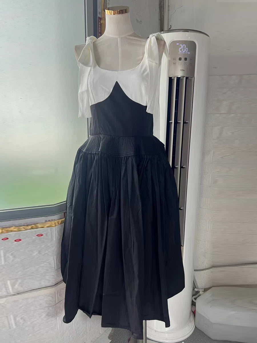 Hit Color Spliced Bowknot Sweet Long Dresses for Women V Neck Sleeveless High Waist Patchwork Ruffles Dress Female