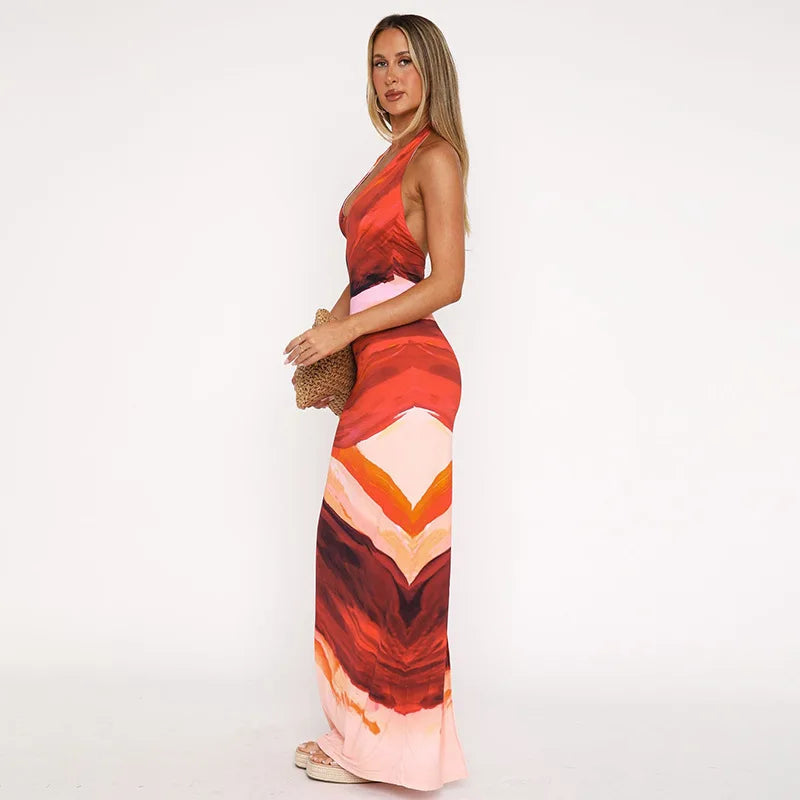 Halter Deep V Neck Print Sexy Maxi Dress For Women Fashion Lace-up Sleeveless Backless Bodycon Printed Long Dress