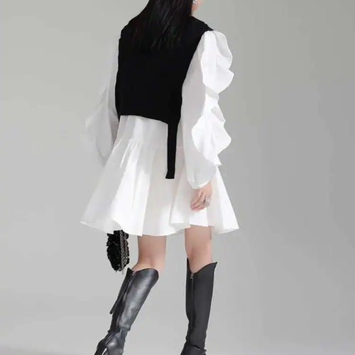 Load image into Gallery viewer, Women Black Knitting Color-block Ruffles Elegant Dress New Round Neck Long Sleeve Fashion Tide Spring Autumn 2025 1DH6758
