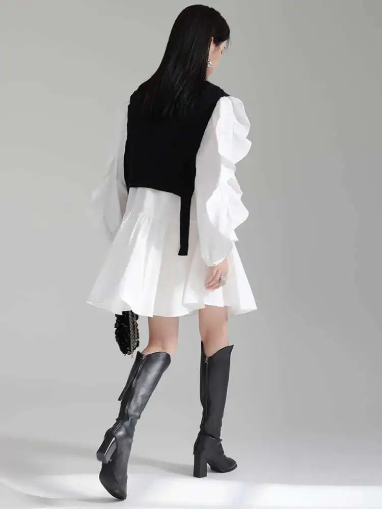 Women Black Knitting Color-block Ruffles Elegant Dress New Round Neck Long Sleeve Fashion Tide Spring Autumn 2025 1DH6758