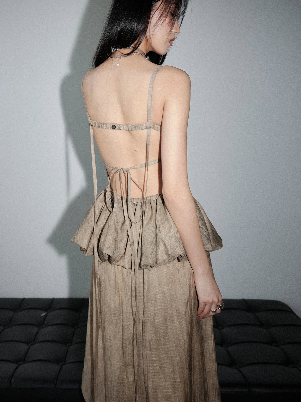 Khaki Ruffles Tank Top Skirt Two Pieces Suit New Square Collar Sleeveless Women Fashion Tide Spring Summer 2025 1DJ1459
