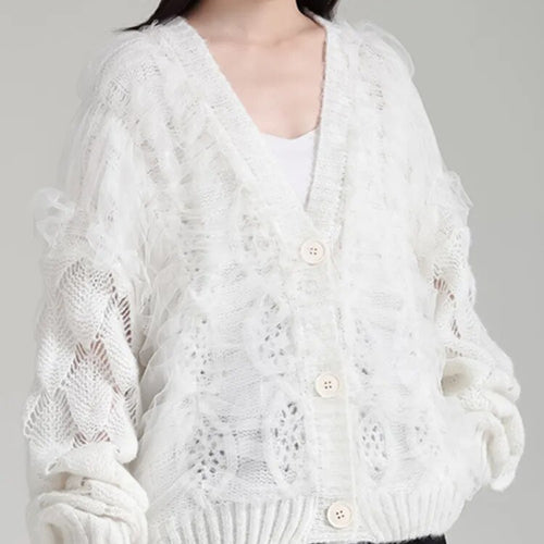 Load image into Gallery viewer, Solid Patchwork Mesh Temperament Knitting Sweaters For Women V Neck Long Sleev Spliced Button Sweater Female
