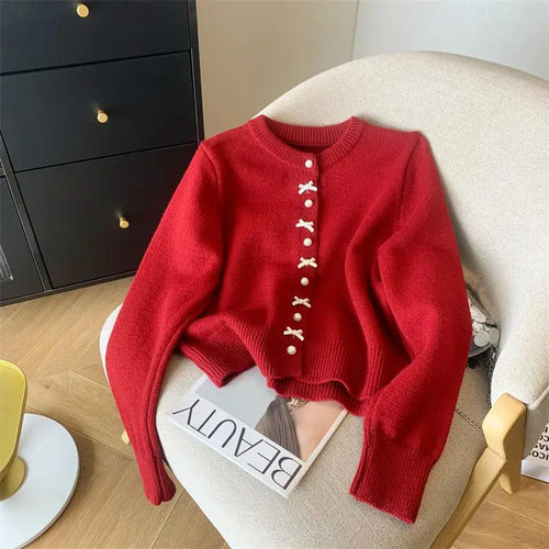 Load image into Gallery viewer, Autumn Winter Sweet Retro Red Bow Pearl Button Knit Cardigan Tops French Fashion Women White Single Breasted Long Sleeve Sweater
