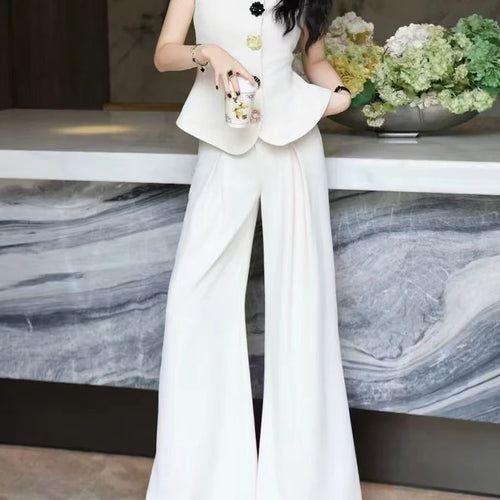 Load image into Gallery viewer, Slimming Two Piece Sets for Women Round Neck Sleeveless Spliced Buttons Top High Waist Wide Leg Pant Set Female New

