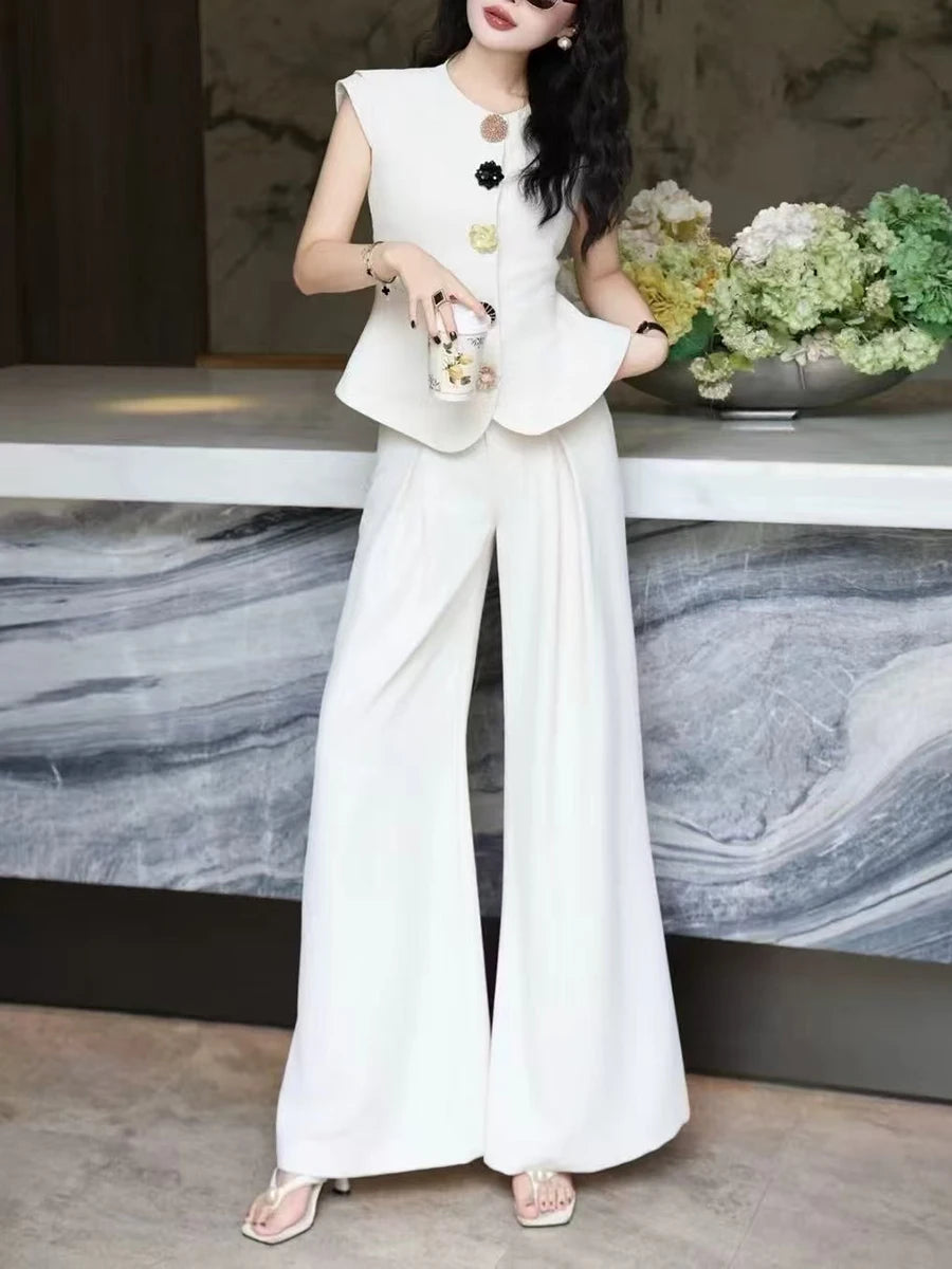 Slimming Two Piece Sets for Women Round Neck Sleeveless Spliced Buttons Top High Waist Wide Leg Pant Set Female New