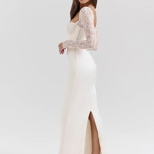 Load image into Gallery viewer, Lace Long Sleeve Sexy Maxi Dress For Women White Square Collar Backless Back Split Bodycon Club Party Long Dress
