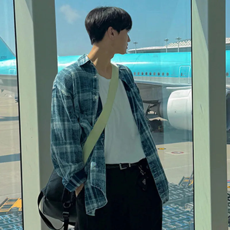 Men's Long Sleeve Shirts Plaid Male Spring Loose Single Breasted Casual Top Korean Trendy Lapel Clothing Tide 9W1486